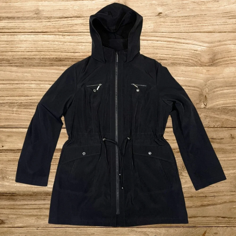 Liz Claiborne Womens Black Anorak Jacket Leopard Lining XL Drawstring Waist - Picture 2 of 12